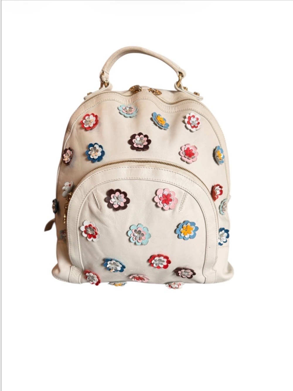 Marino Orlandi Cream Leather Backpack with Multicolor Floral Appliqués
